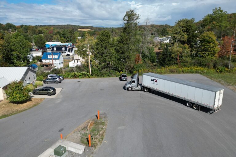 FFX truck and 53-foot dry van trailer leaving FastFreight Express headquarters in Windber, PA